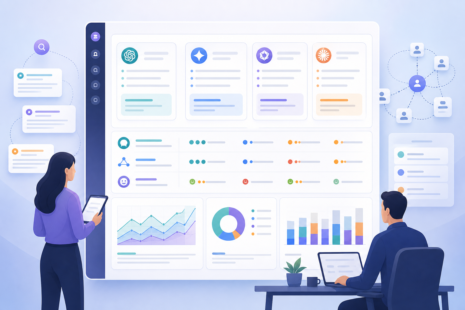 Dashboard concept showing AI search engine monitoring tools comparing brand mentions, citations, and sentiment across answer engines