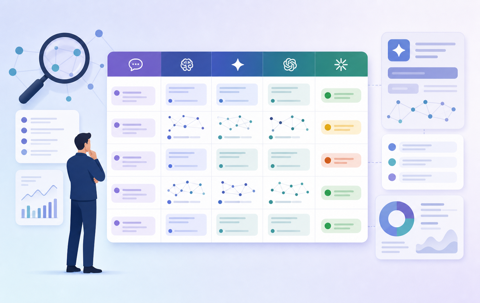 Matrix showing prompts, AI engines, cited sources, competitors, and accuracy labels for AI search monitoring