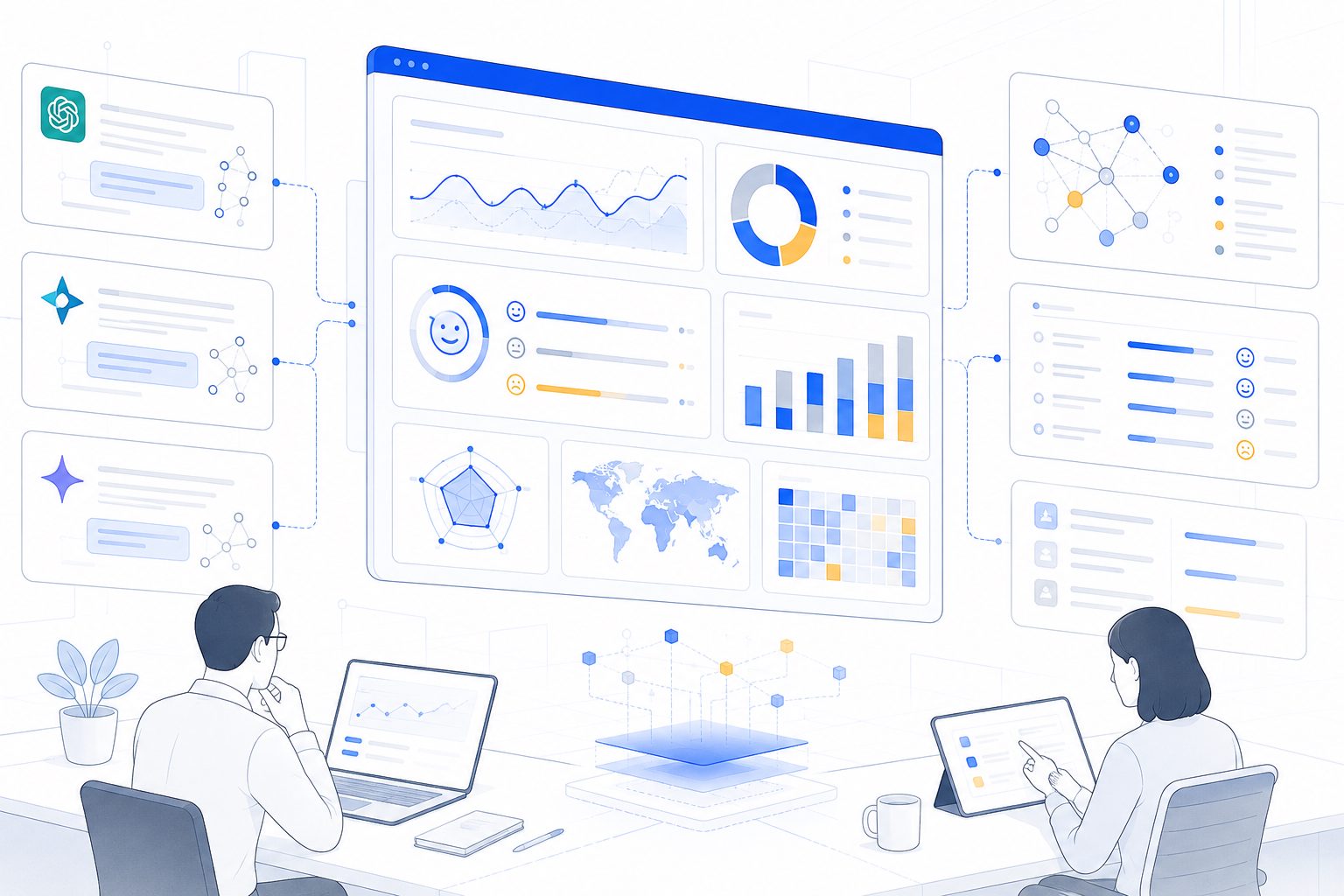 Dashboard concept showing what solutions help monitor and improve brand sentiment in ai answers across AI engines