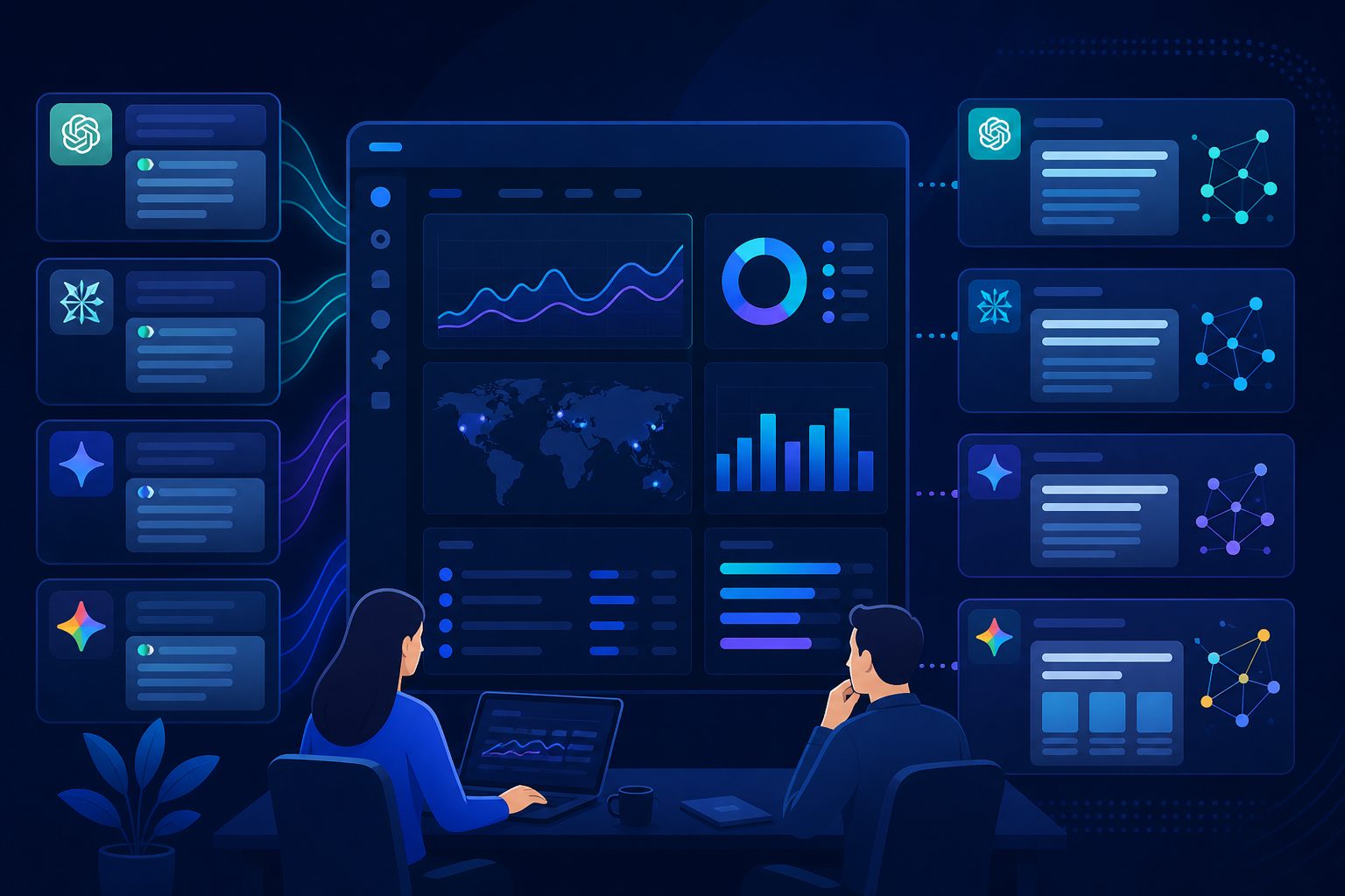 Dashboard concept showing AI brand mention tracking tools across ChatGPT, Perplexity, Gemini, and Google AI Overviews