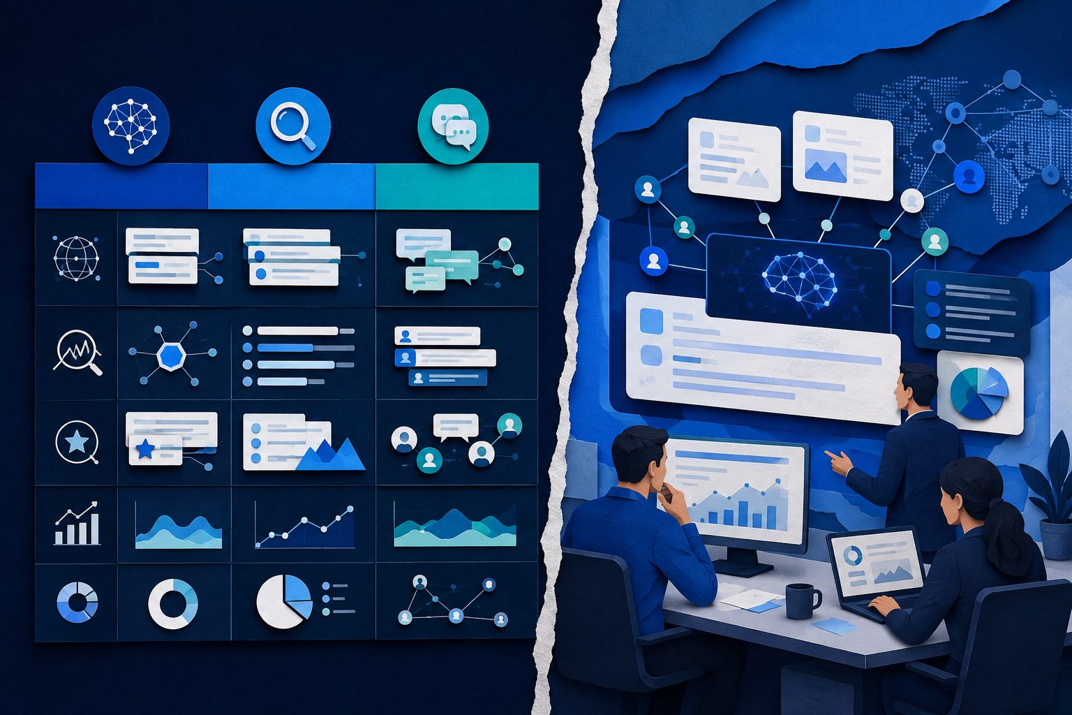 Comparison table illustrating AI visibility monitoring, SEO rank tracking, and social listening workflows