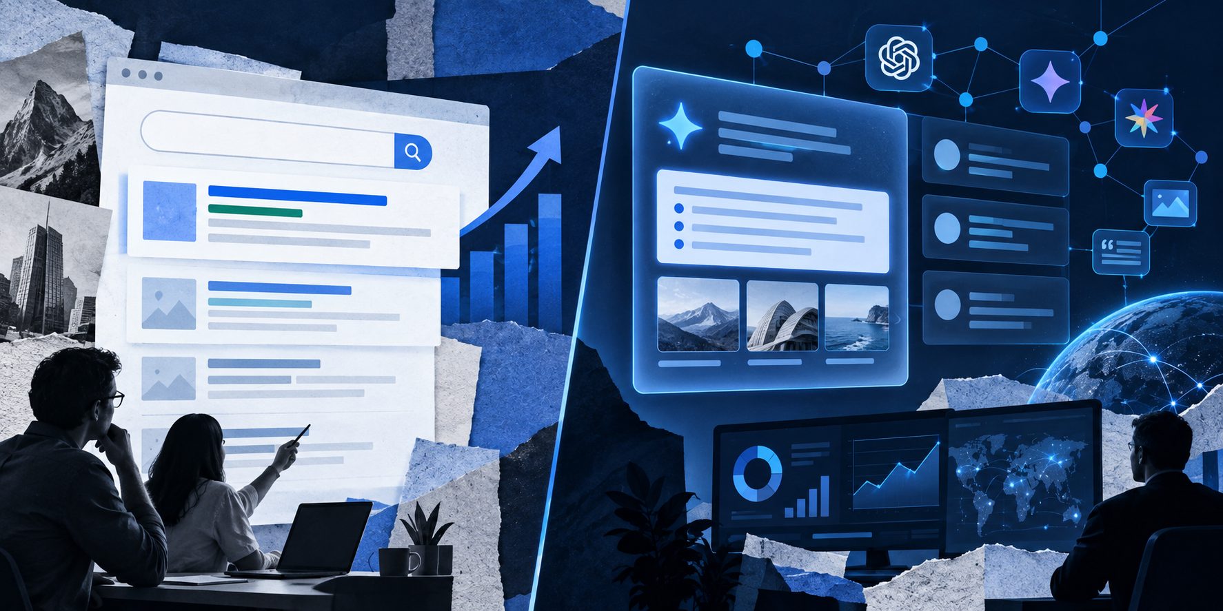 What is the difference between SEO and AEO shown as a comparison between search rankings and AI answers