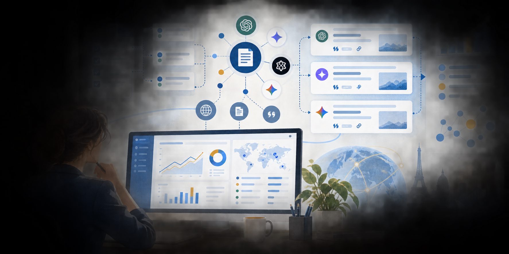 AI search visibility dashboard connecting llms.txt audit findings to brand mentions and citation sources