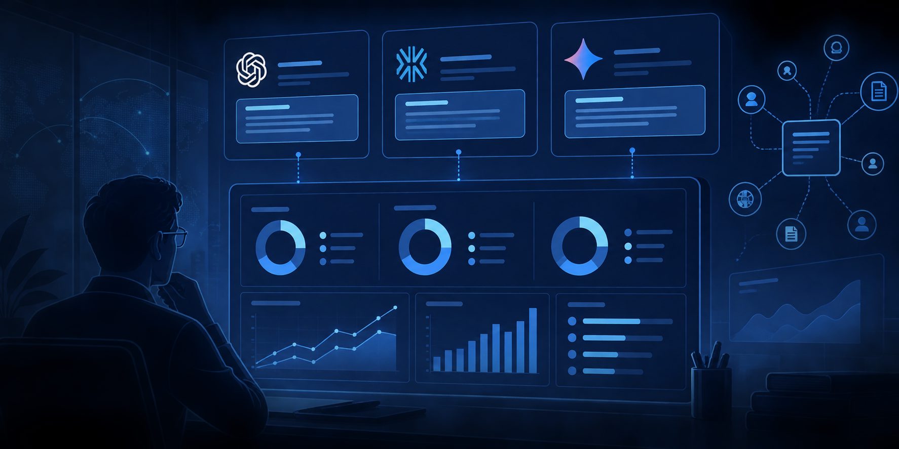 Screenshot-style illustration of an AI visibility dashboard comparing brand mention rate across ChatGPT, Perplexity, and Gemini