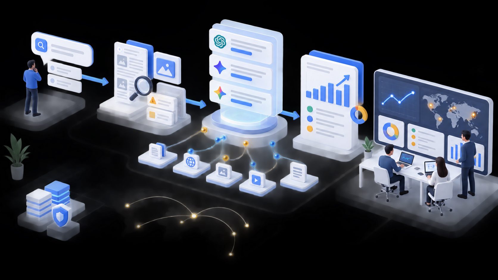 SaaS AI search optimization workflow connecting prompts, content gaps, proof, and monitoring