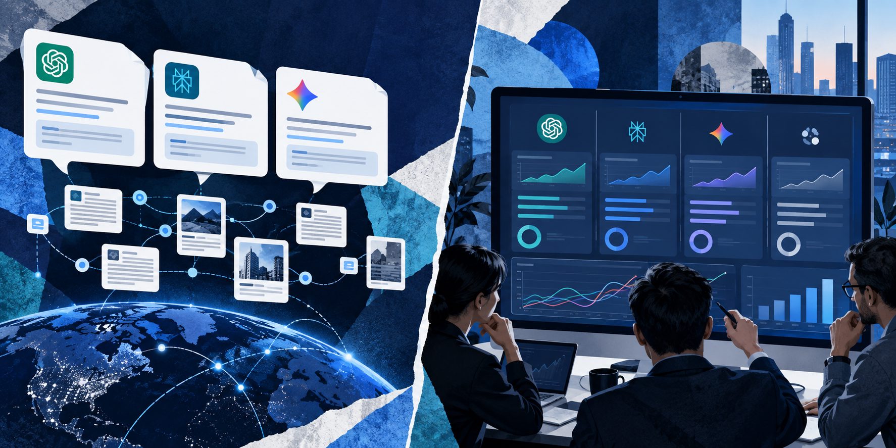 Cross-platform AEO software dashboard comparing ChatGPT, Perplexity, Gemini, and competitor visibility