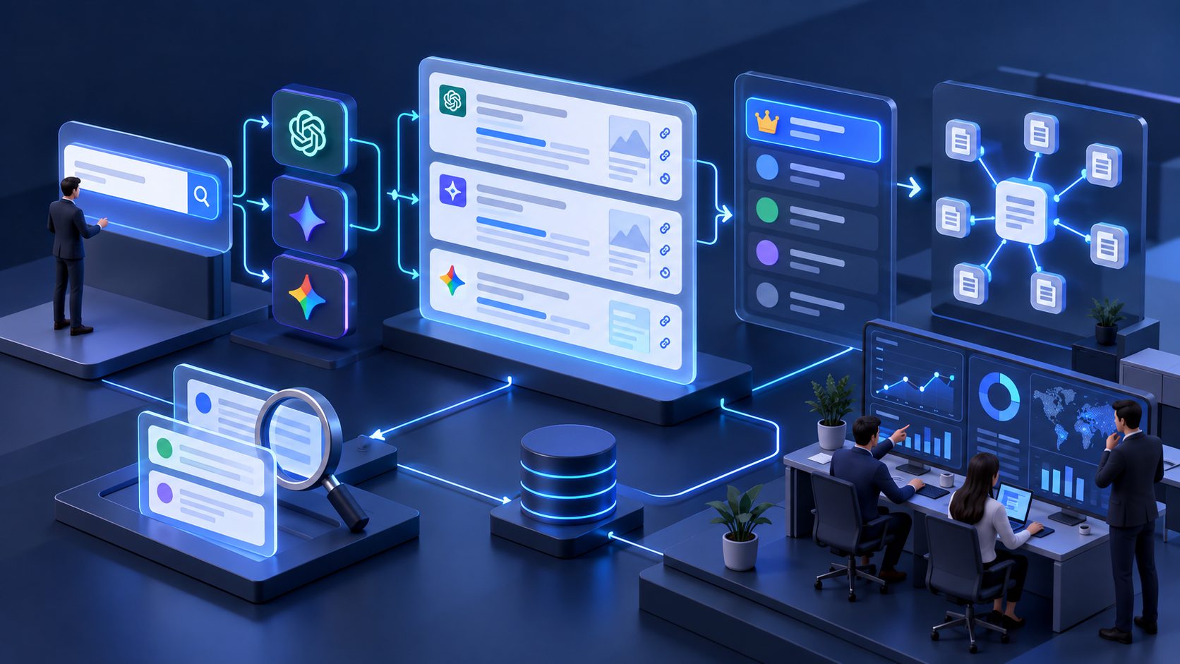 AI answer monitoring workflow showing prompts, brand mentions, competitor ranking, and cited sources