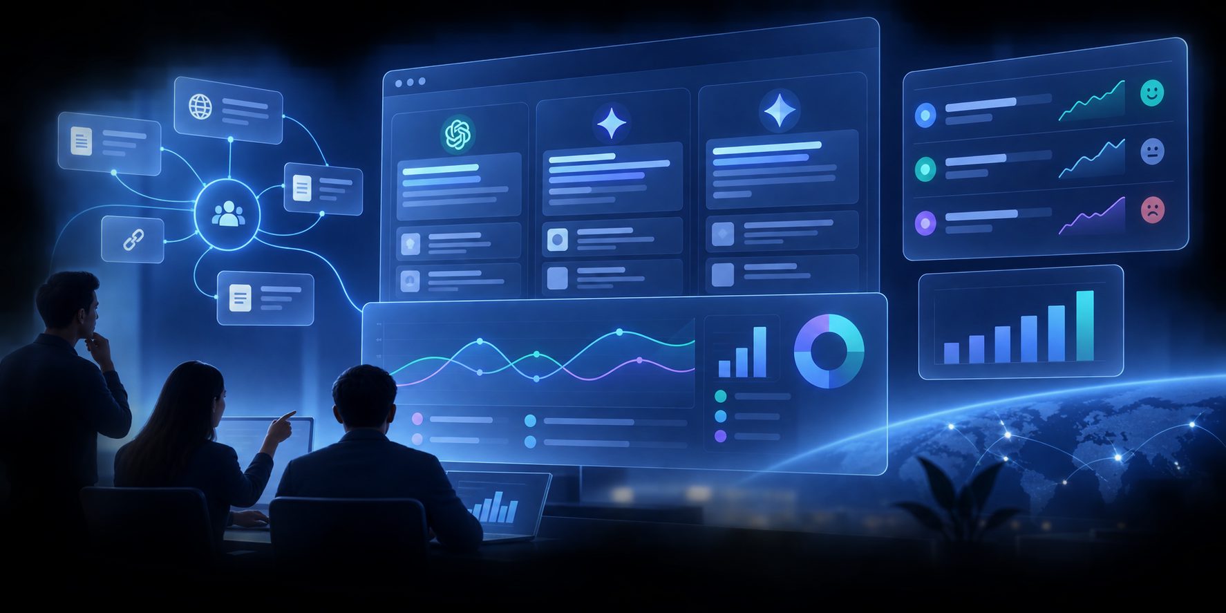 AI search monitoring dashboard comparing brand descriptions, competitors, sentiment, and citations