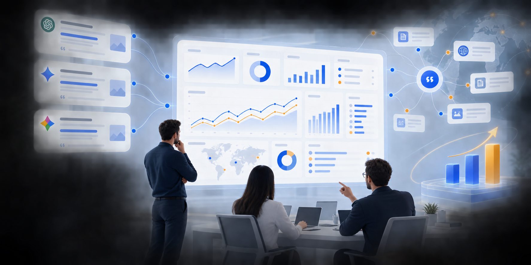AEO analytics dashboard template showing AI visibility, citations, competitors, and actions