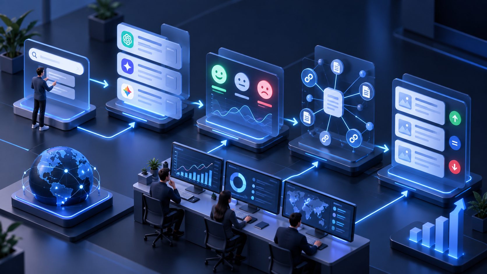 AI answer monitoring workflow connecting prompts, sentiment, recommendations, and citations