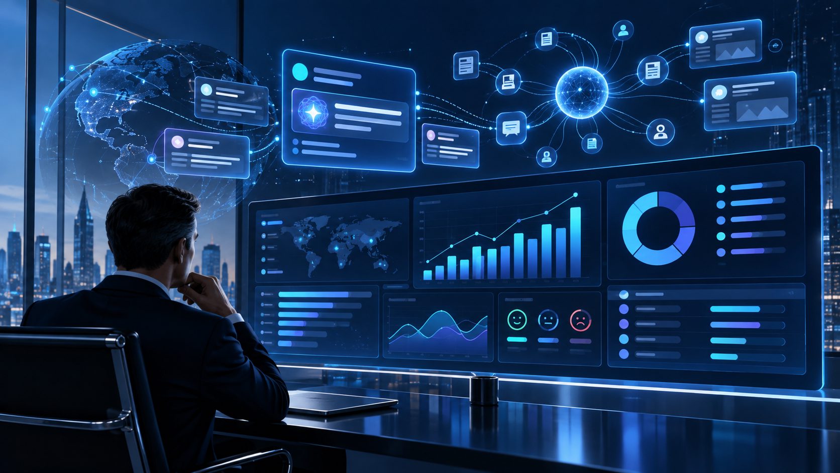 Executive AI search visibility reporting dashboard showing mentions, citations, competitors, and sentiment