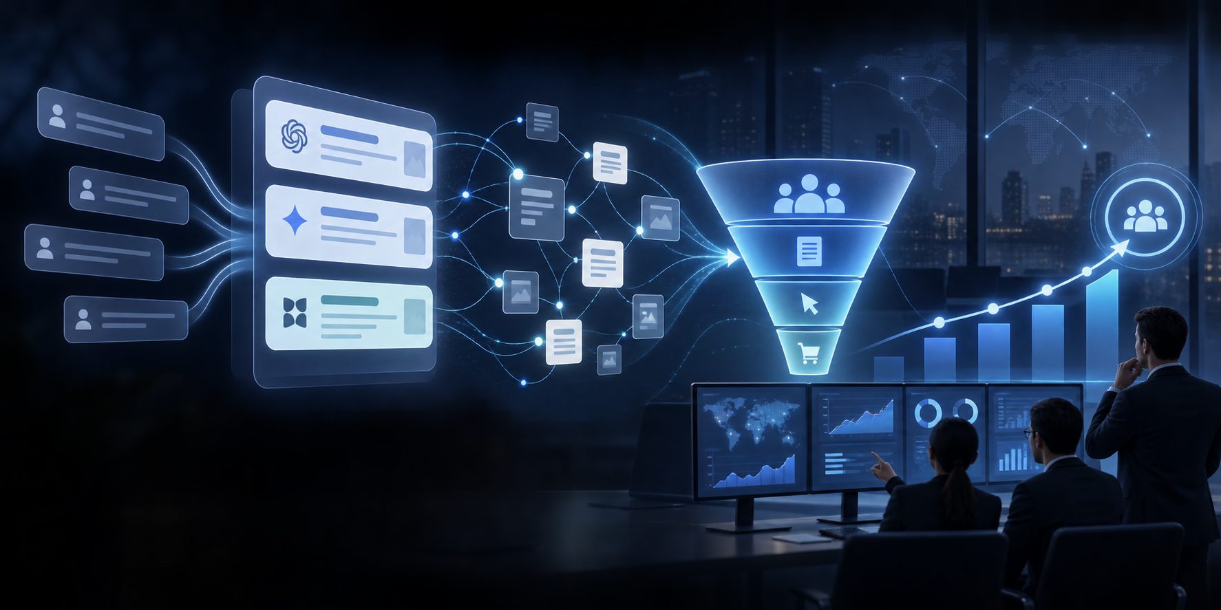 AI visibility funnel connecting prompts to recommendations, citations, visits, and pipeline
