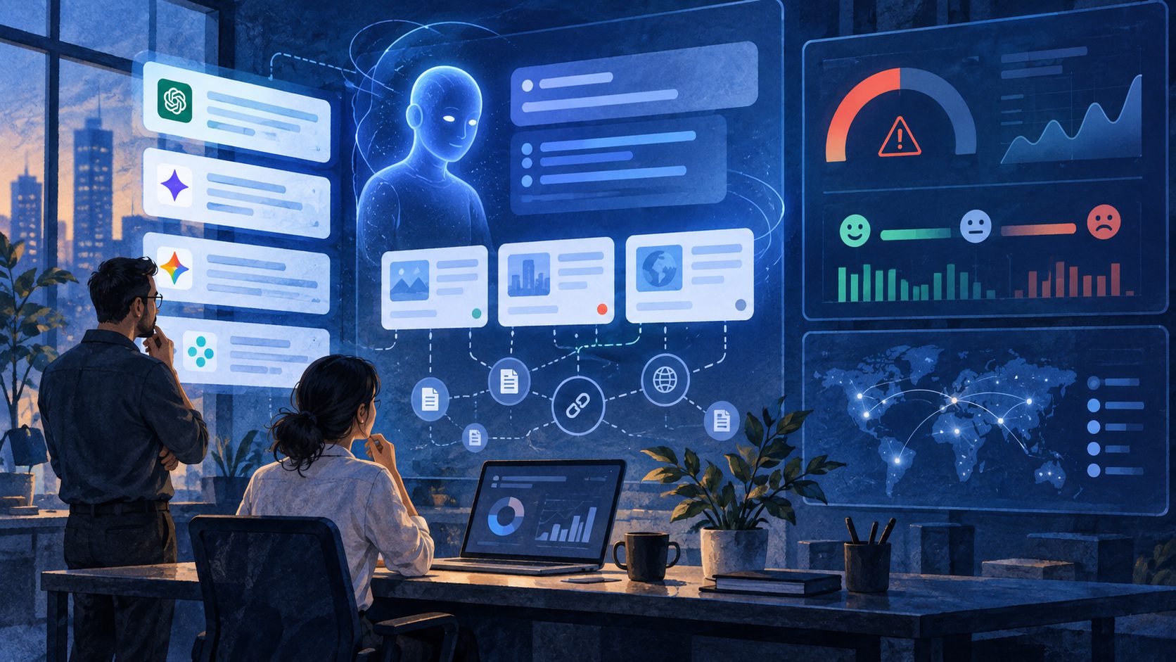 hallucination risk and brand sentiment in LLMs dashboard showing factuality and tone signals