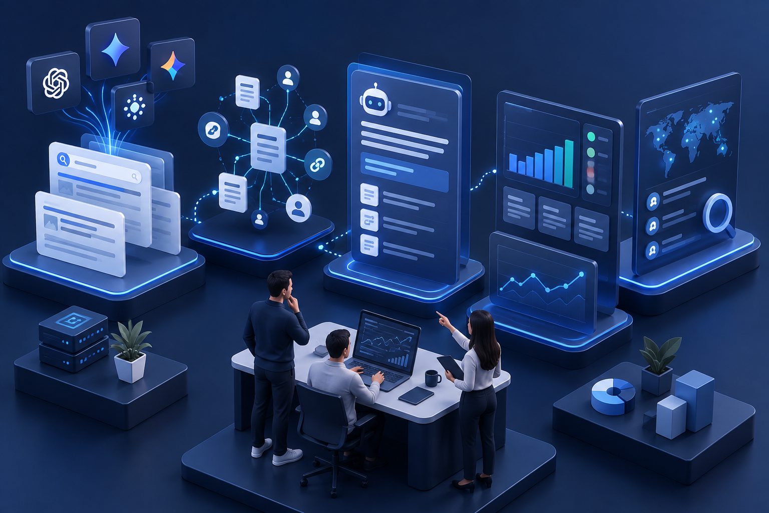 SaaS team reviewing an AEO platform scorecard and AI citation gaps