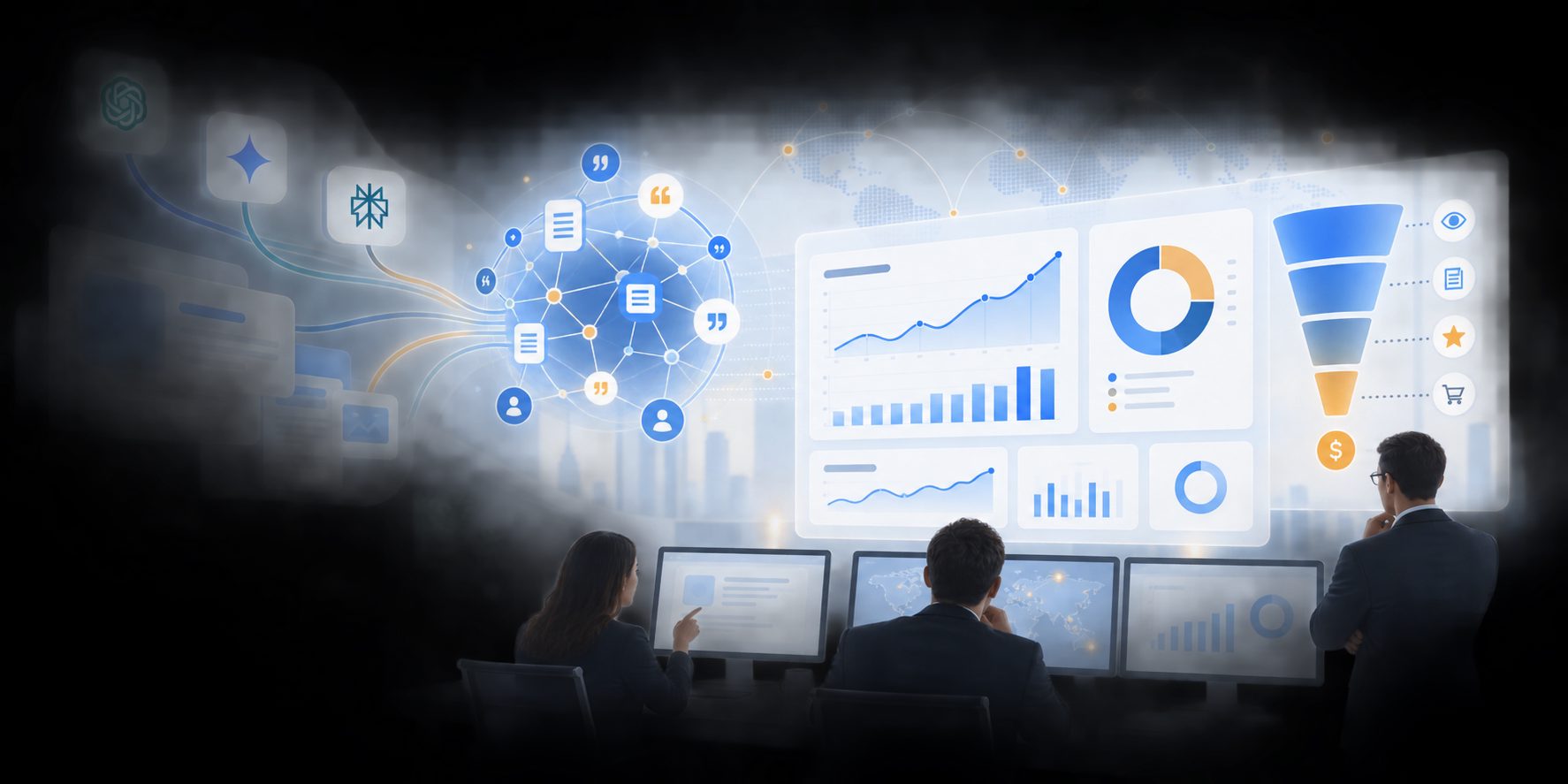 Enterprise AEO metrics and ROI dashboard showing visibility, citations, recommendations, and revenue stages