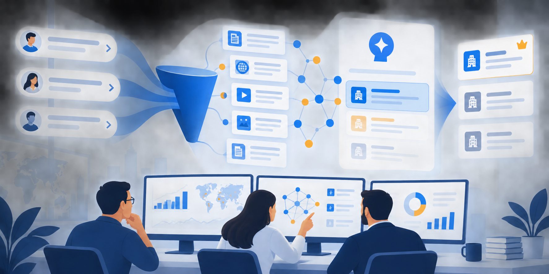 AI citation funnel showing buyer prompts flowing into competitor sources and generated recommendations