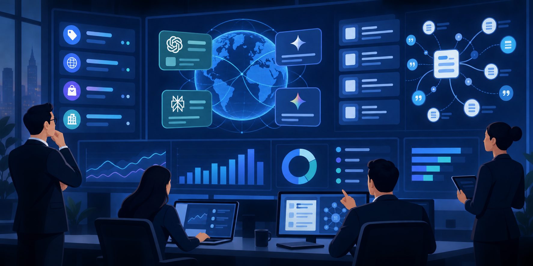 Enterprise multi-domain AI visibility dashboard showing brands, domains, AI engines, and citations