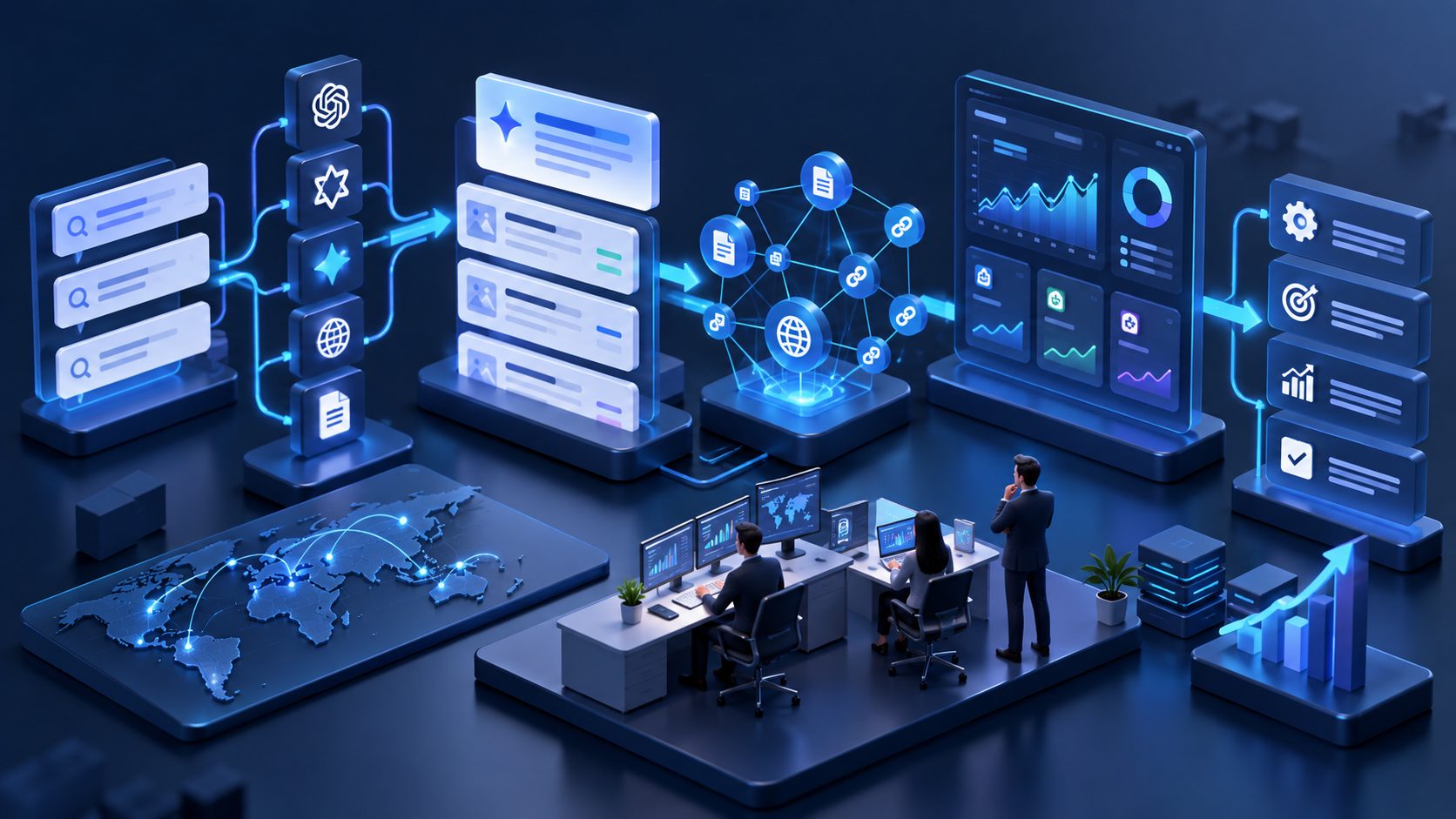 Multi-brand AI search monitoring workflow connecting prompts, domains, citations, and optimization actions