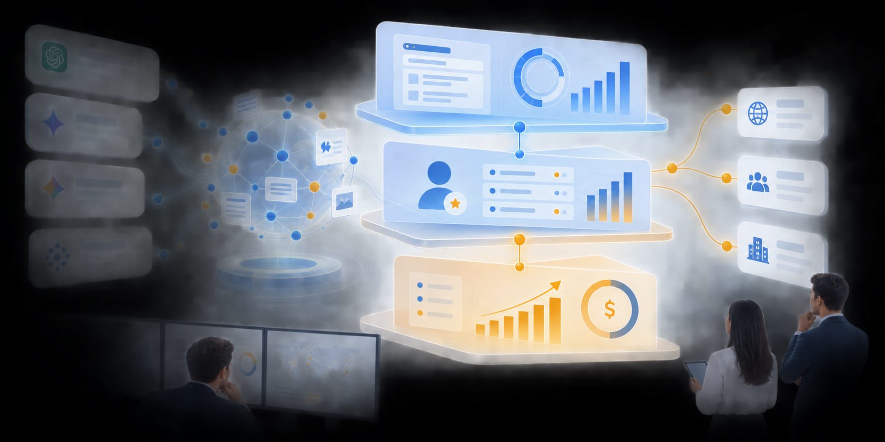 Three-layer SaaS AI search KPI framework covering visibility, preference, and business outcomes