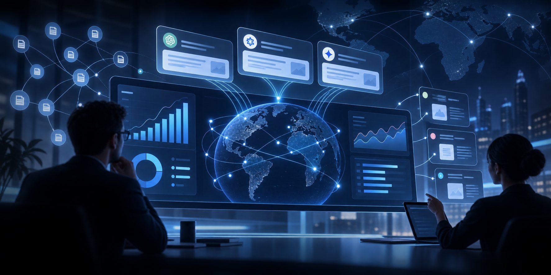 Enterprise generative search reporting dashboard showing cross-engine visibility metrics