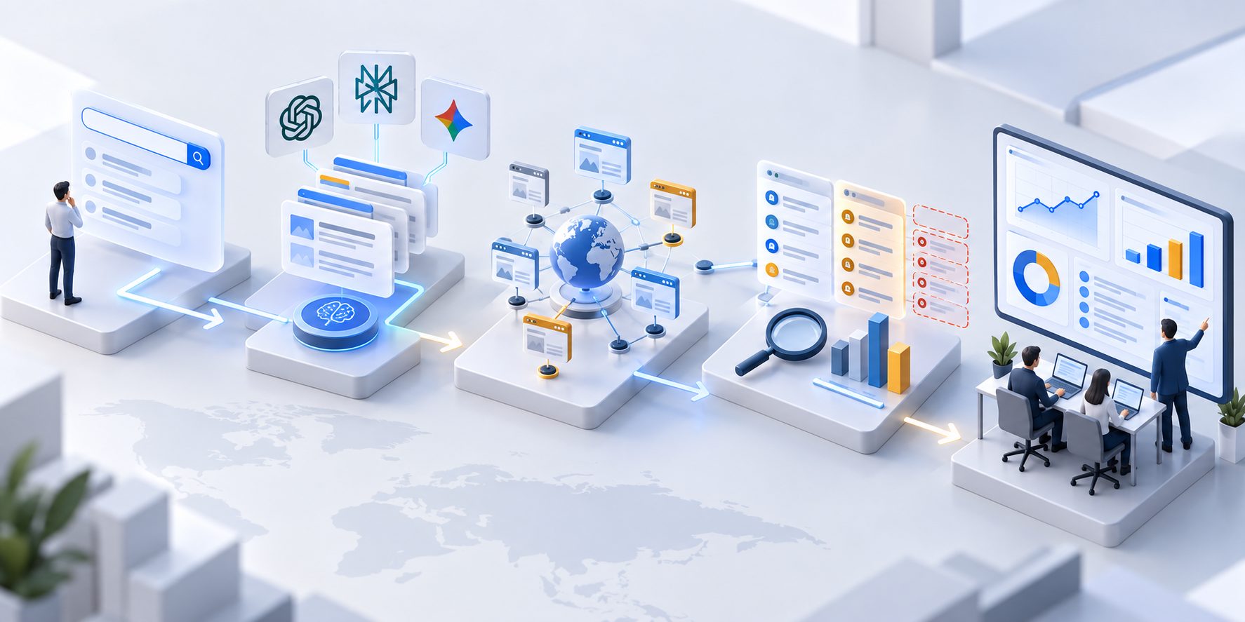 Citation source analysis workflow mapping prompts to domains, pages, and competitive gaps