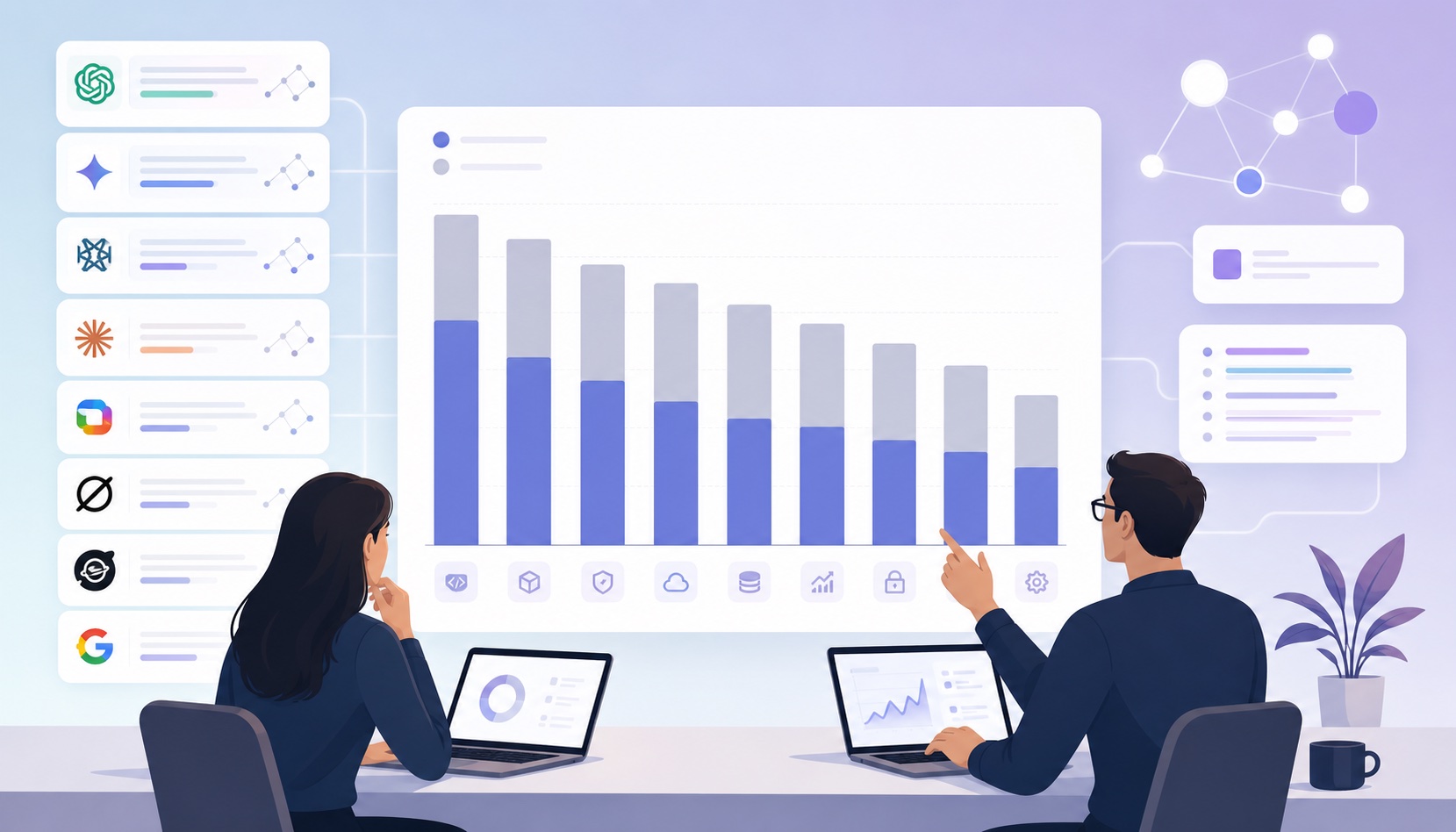 Bar chart showing how often AI recommends free tools versus paid products across software categories
