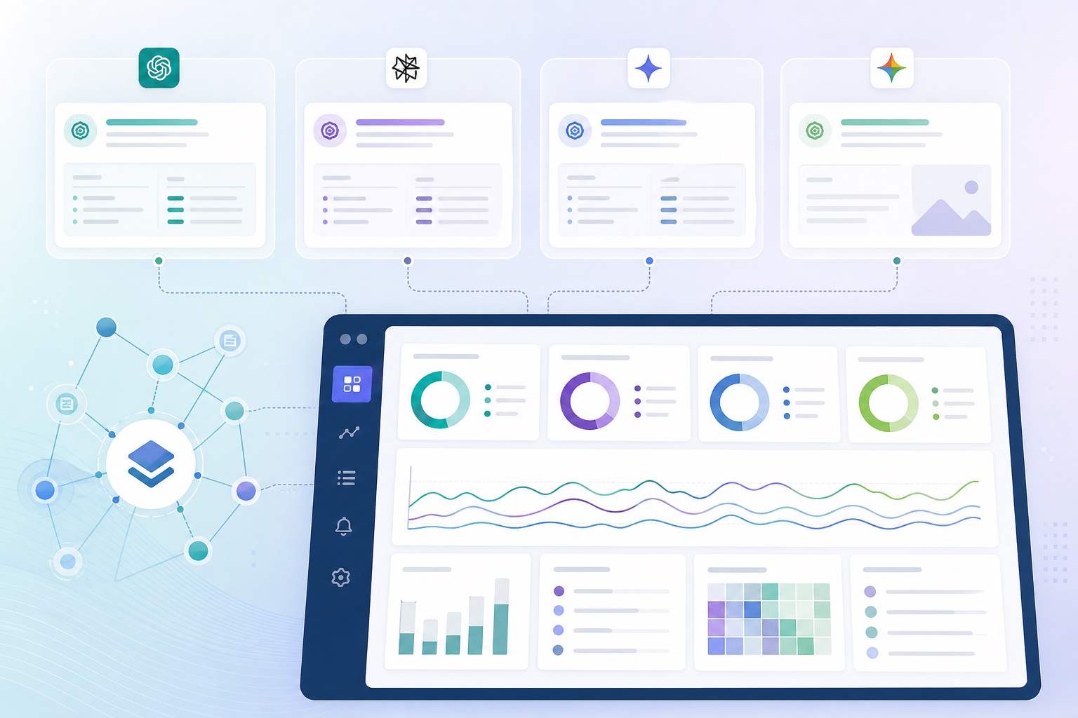 Dashboard tracking a paid product's AI share of voice and mention rate across ChatGPT, Perplexity, Gemini, and AI Overviews
