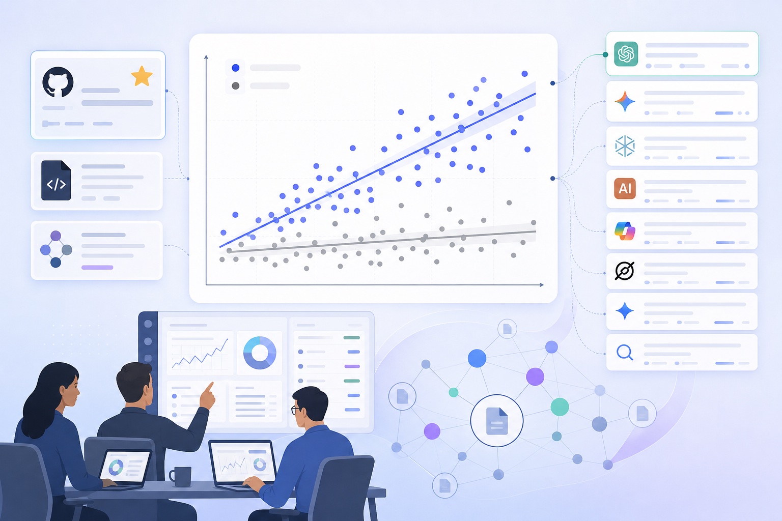 Scatter plot illustrating what makes AI recommend a brand: third-party co-citations correlate with AI mention rate far more strongly than GitHub stars