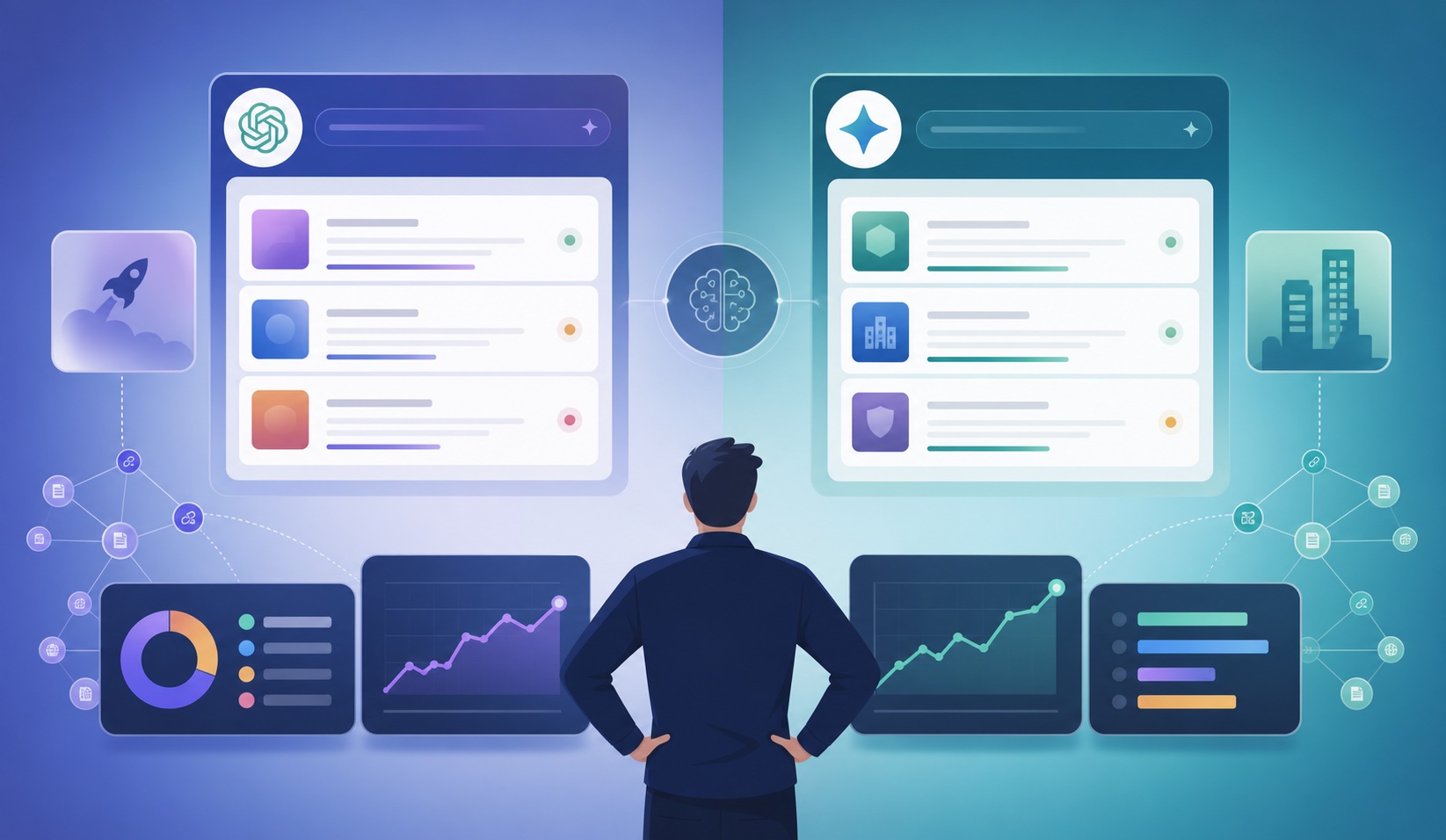 Side-by-side AI answers for the same software category showing completely different brand shortlists for a startup-tier prompt and an enterprise-tier prompt, illustrating AI wrong company size fit