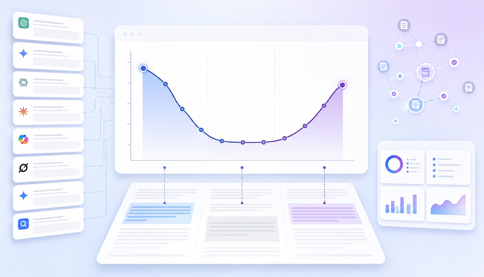Line chart of claim survival by page depth, showing the page length and AI citations curve peaking at the intro, dipping in the middle, and partially recovering at the end