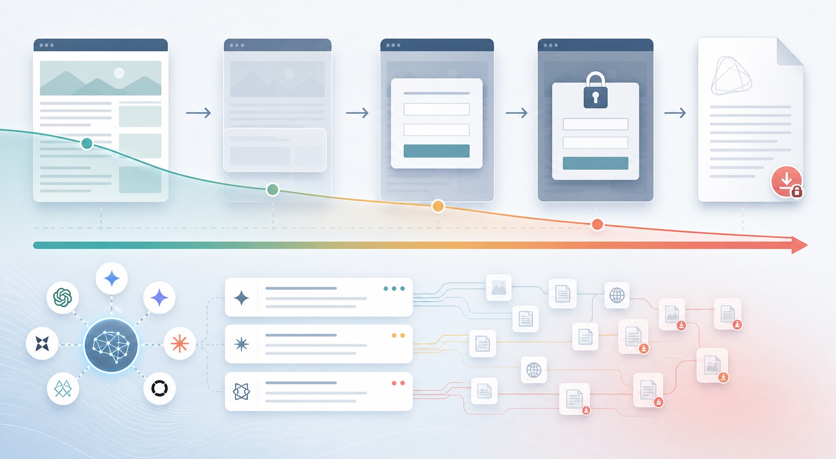 Chart showing gated content AI search retrieval cost by gate type, from open HTML to a PDF behind a form