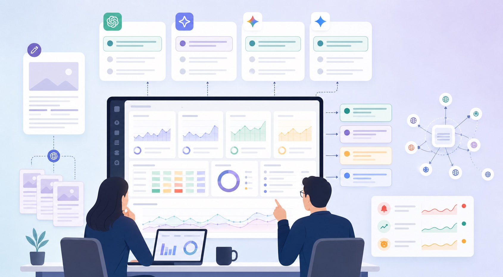 MaxAEO dashboard tracking which syndicated copy wins AI citations across ChatGPT, Perplexity, Gemini, and Google AI Overviews