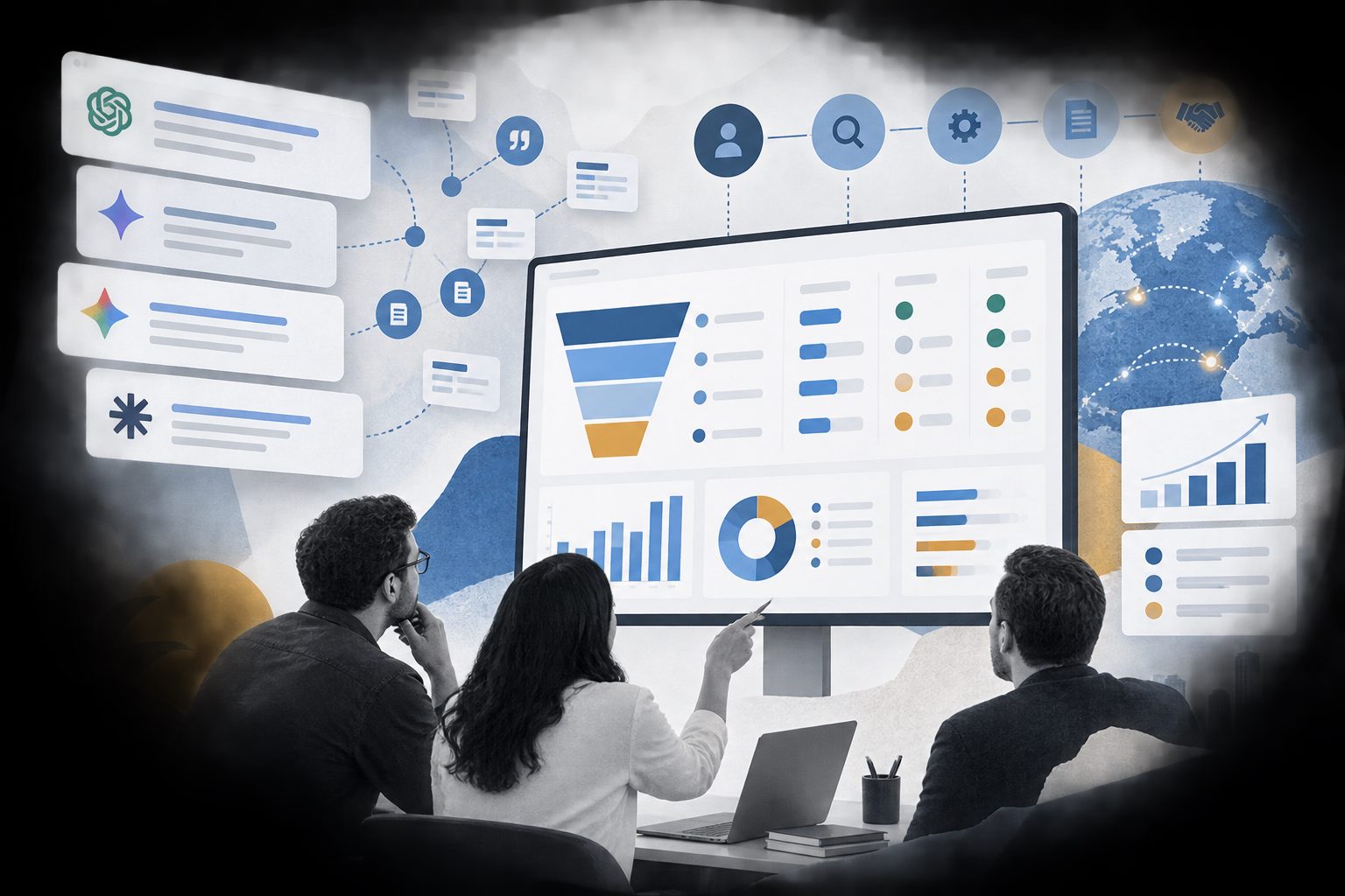 B2B buyer prompt coverage analysis dashboard showing buyer stages, brand mentions, and citation gaps