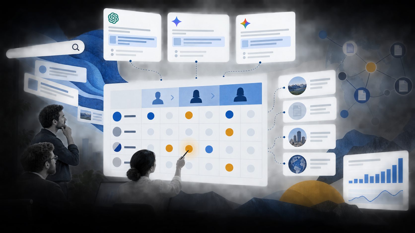 Prompt coverage gap matrix comparing buyer stages, competitors, and cited sources