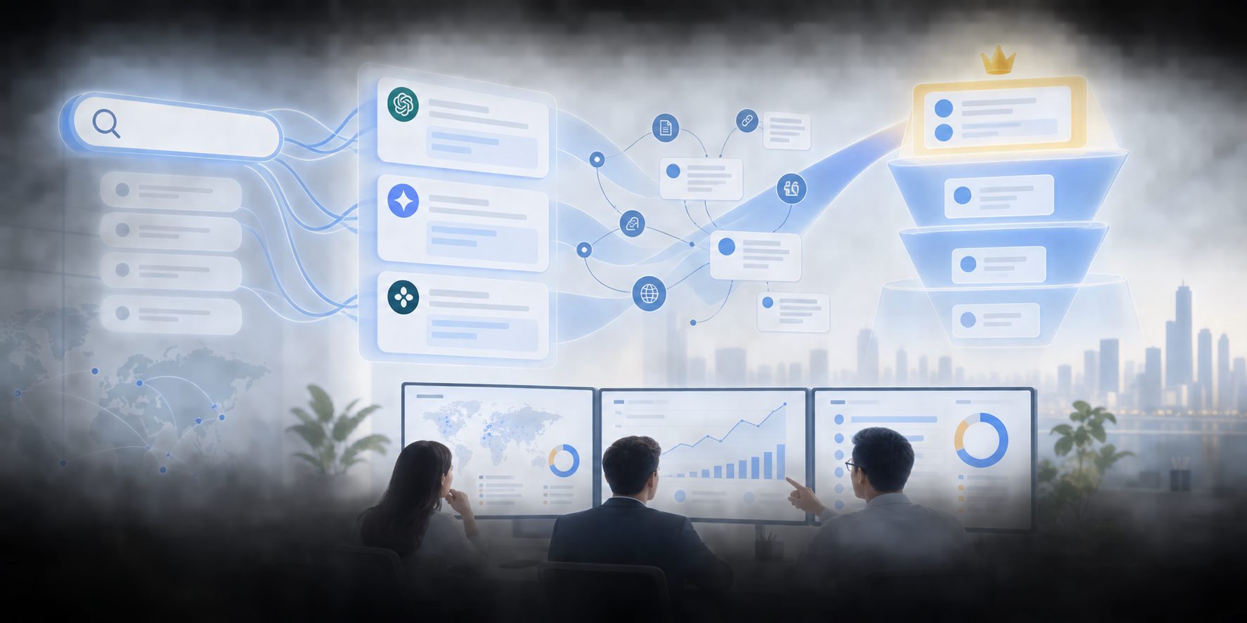 AI visibility funnel from eligible prompt to mention, recommendation, citation, and preferred position