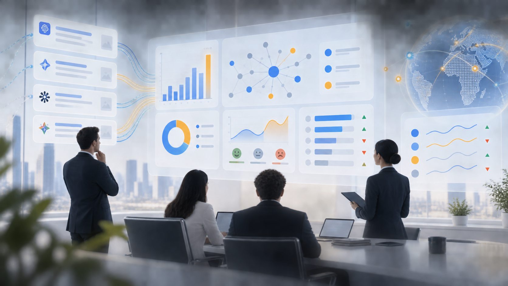 Executive AI search scorecard showing visibility, citations, sentiment, and competitor movement