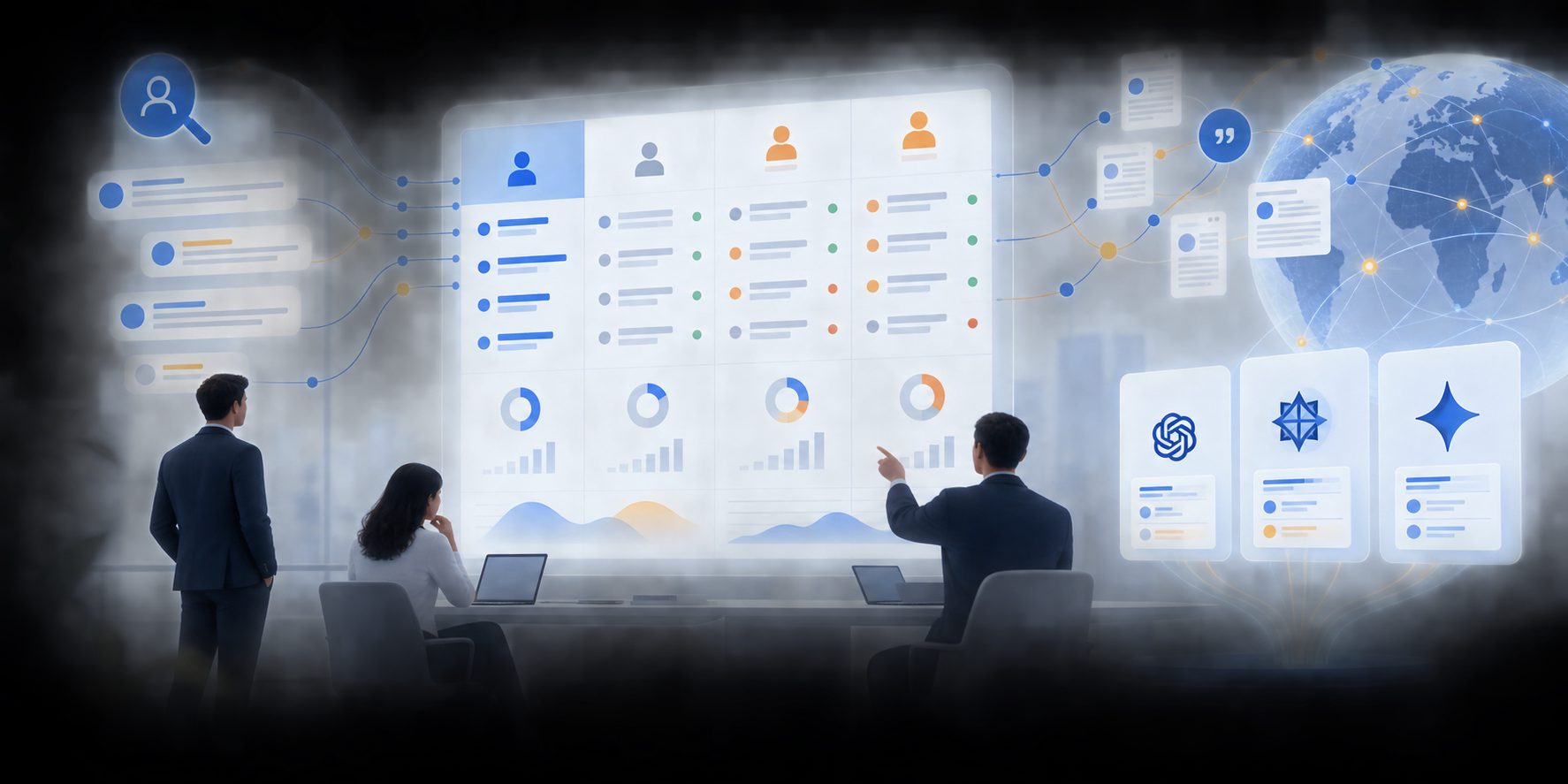 AI search reporting matrix comparing buyer prompts, competitors, citations, and sentiment