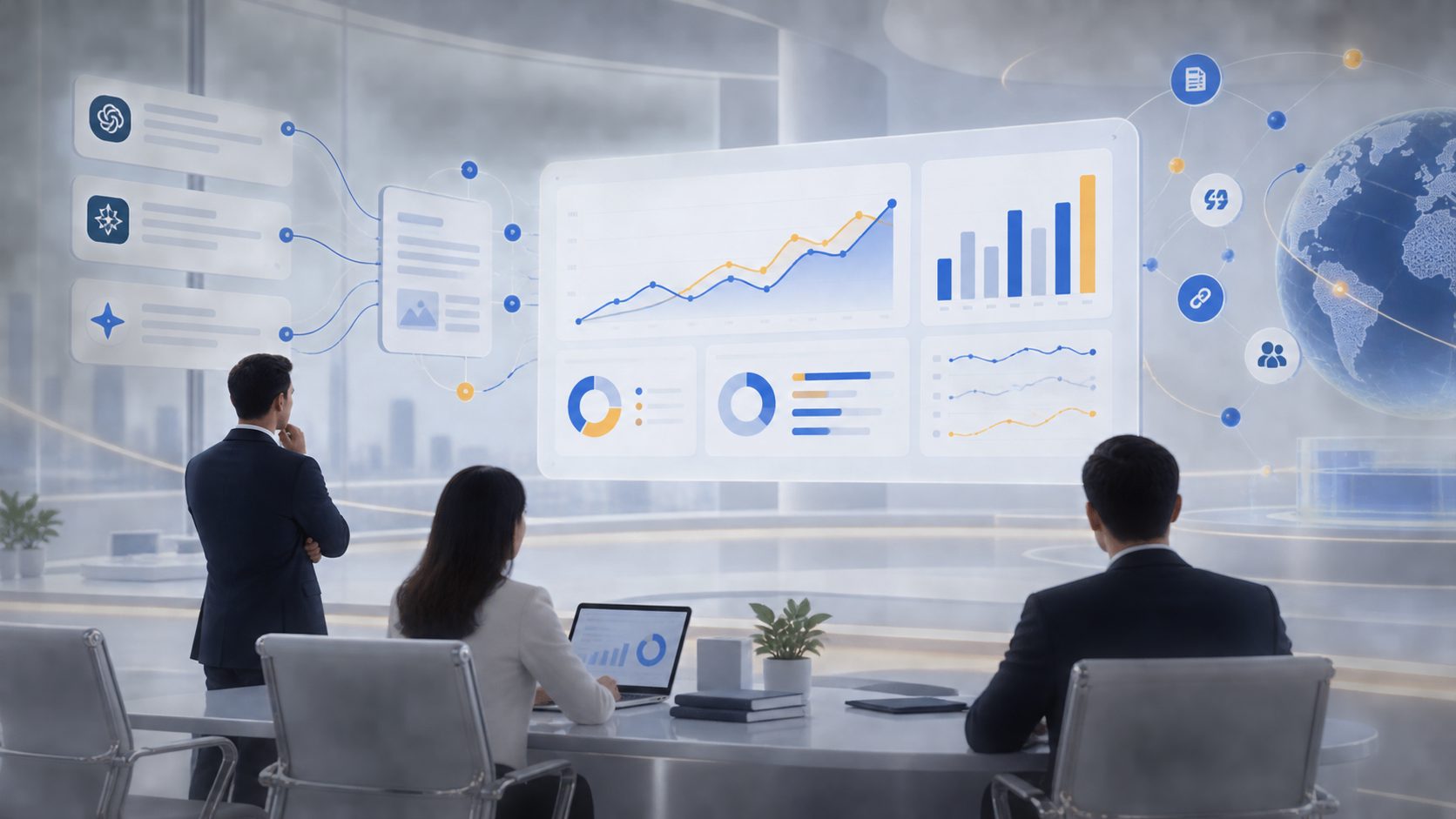 Executive AI search scorecard dashboard with daily trends and competitor benchmarks