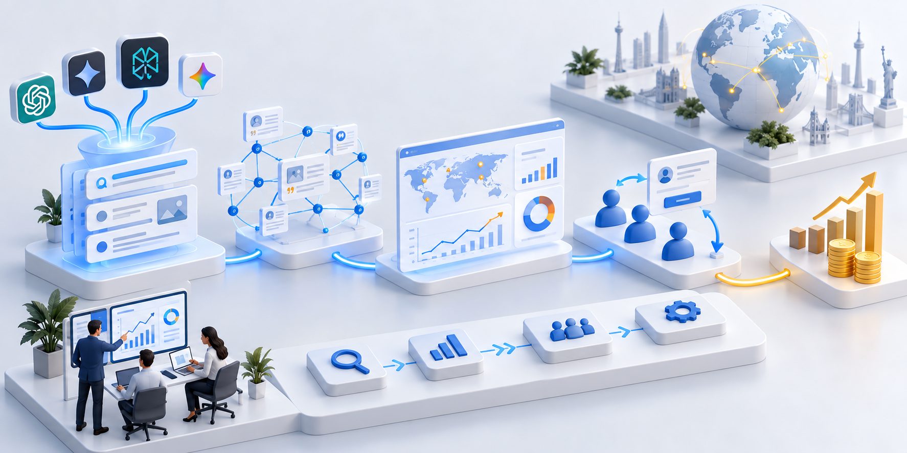 Framework showing how to measure AI engine ROI for SaaS from visibility to gross profit