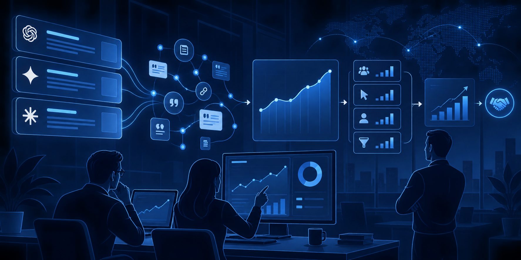 Dashboard connecting AI mention rate, referral sessions, assisted conversions, and SaaS pipeline