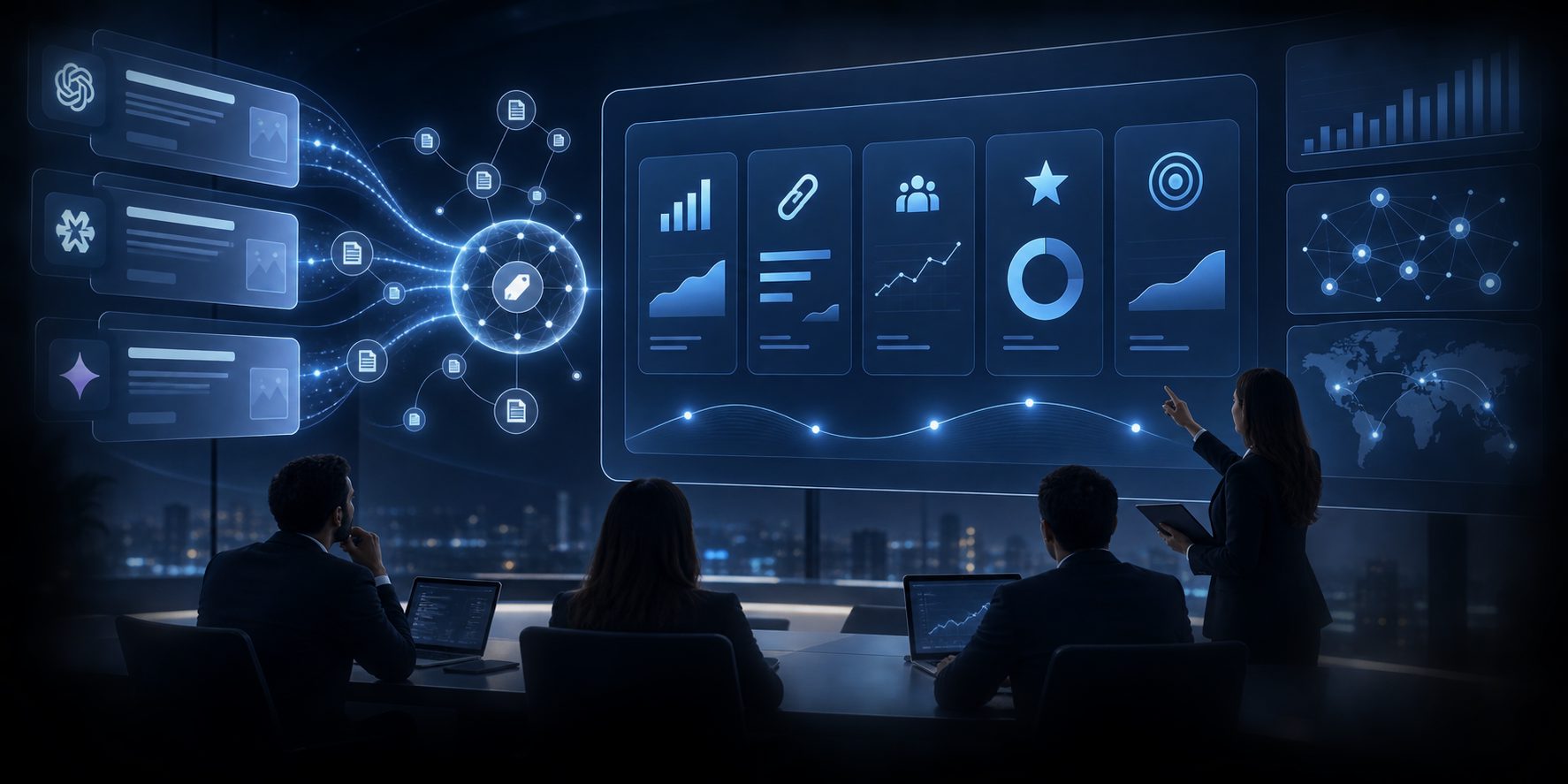 AI search visibility metrics for SaaS boards shown as a five-metric scorecard