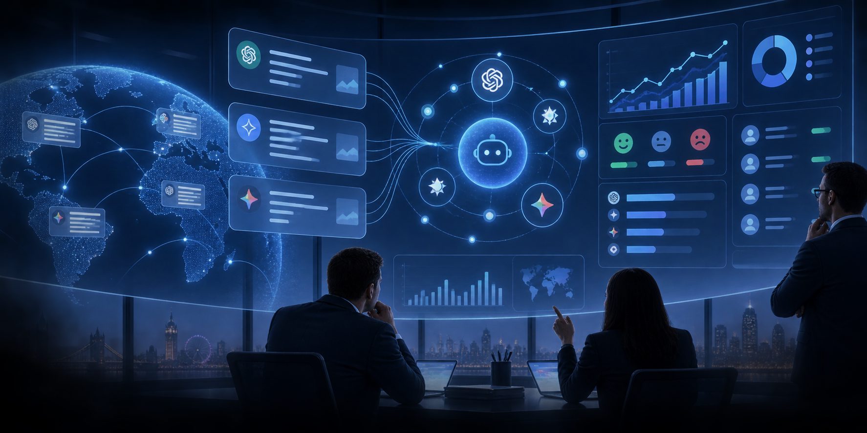 Enterprise dashboard showing AI mentions, citations, sentiment, competitors, and action owners