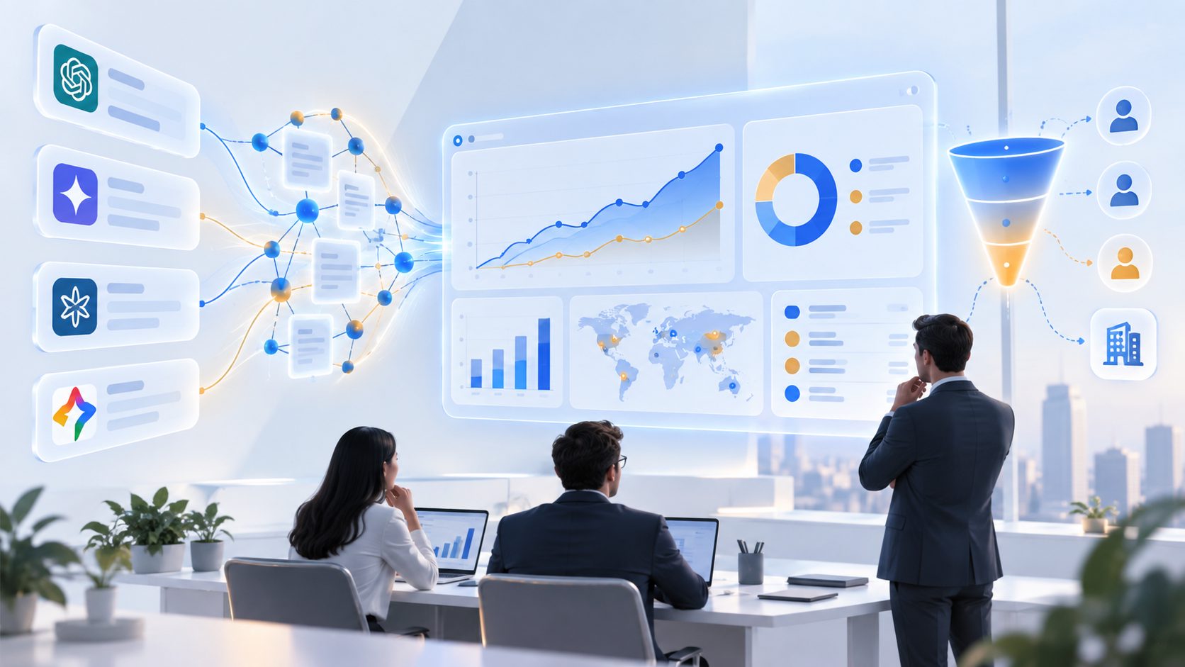 Monthly B2B AI search measurement dashboard with visibility and pipeline metrics