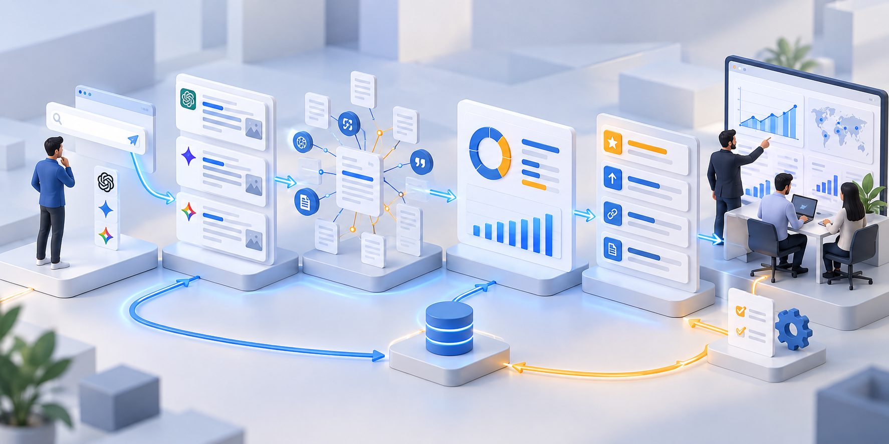 Workflow from AI buyer prompts to answer capture, source analysis, scoring, and prioritized actions