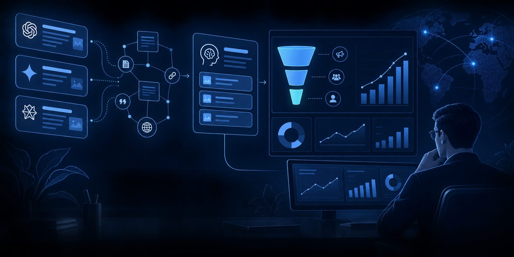 Dashboard for measuring customer acquisition cost from AI search across costs, leads, and customers