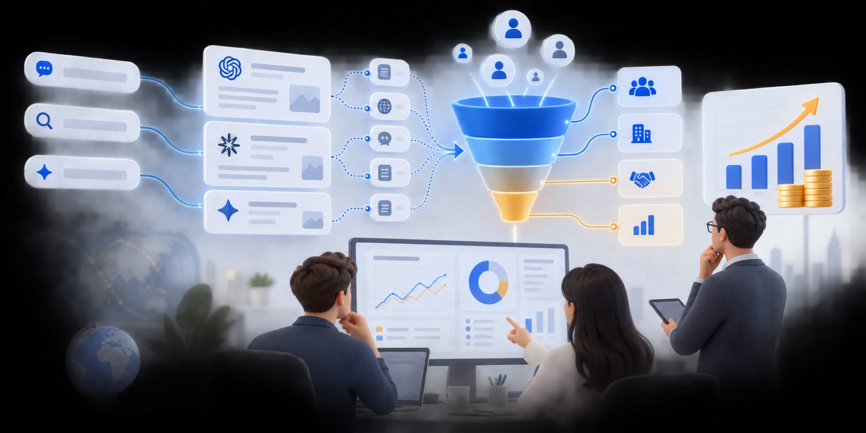 AI search attribution funnel connecting prompts, sessions, pipeline, and SaaS revenue