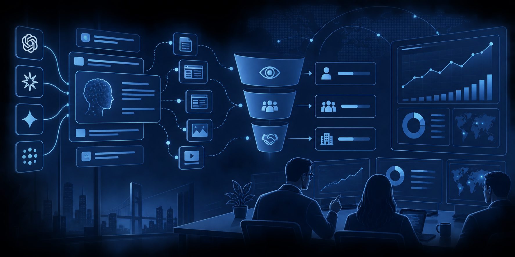 AI search attribution model for enterprise SaaS showing visibility, pipeline, and revenue stages