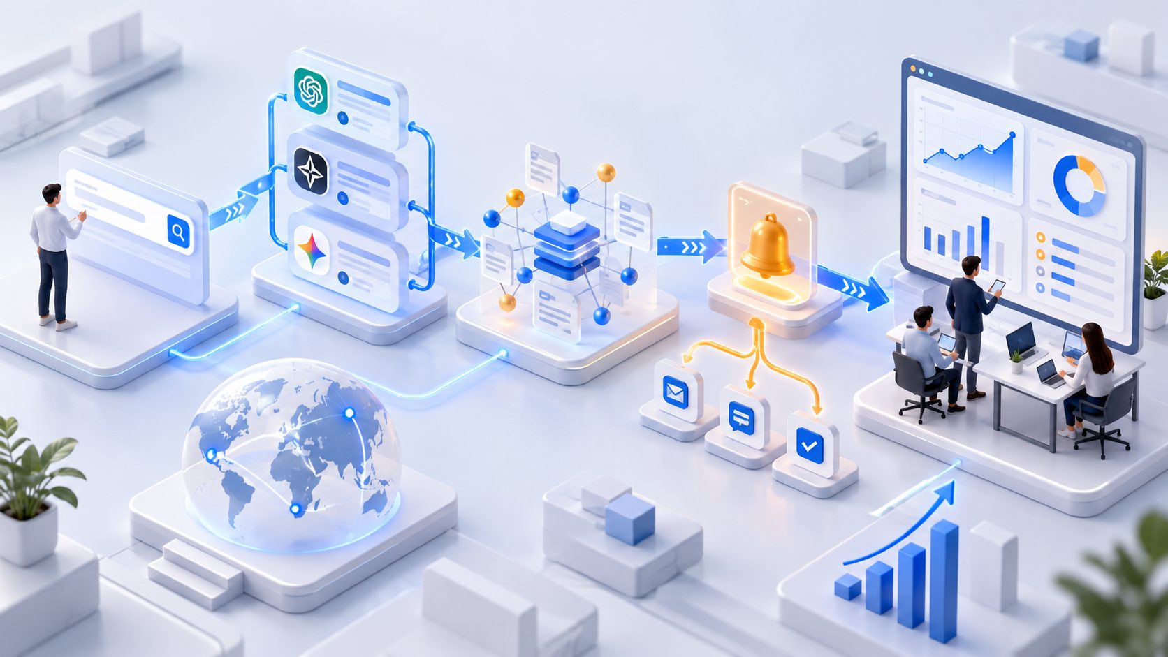 AI search alert workflow connecting prompts, engine results, and response actions