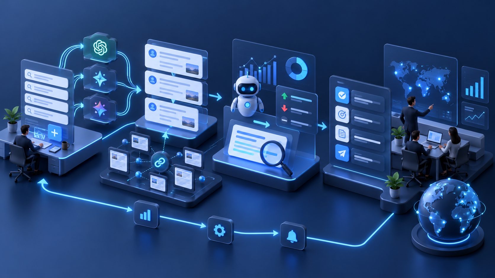 Daily AI search tracking workflow showing prompt monitoring, answer analysis, and action routing