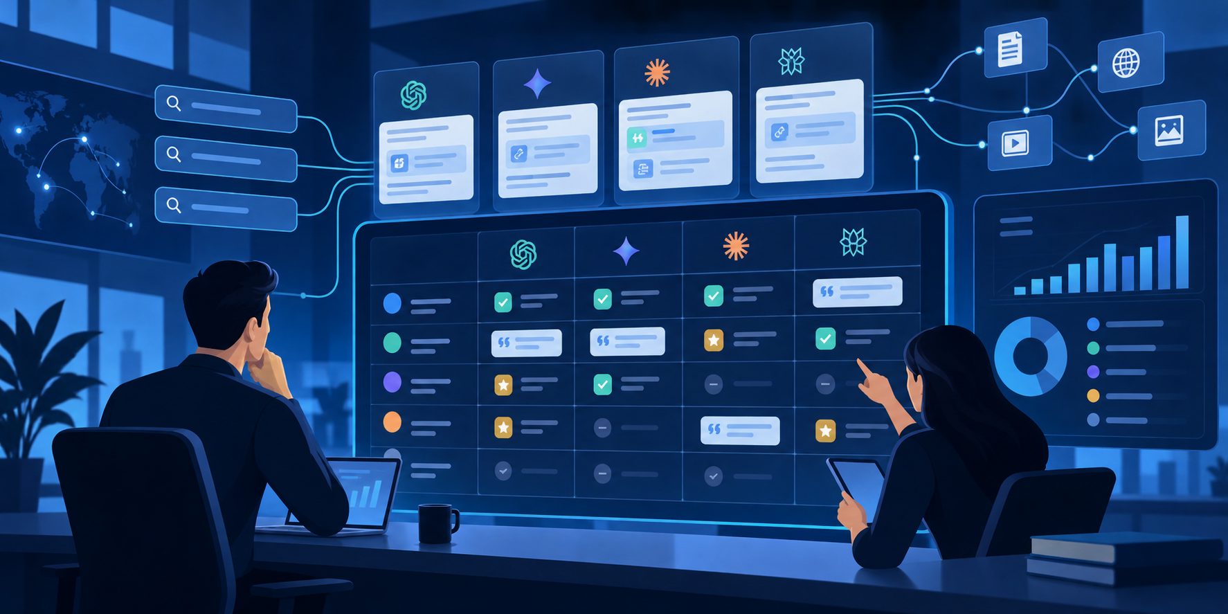 AI search competitor evaluation matrix with prompt intent, model, citation, and recommendation fields